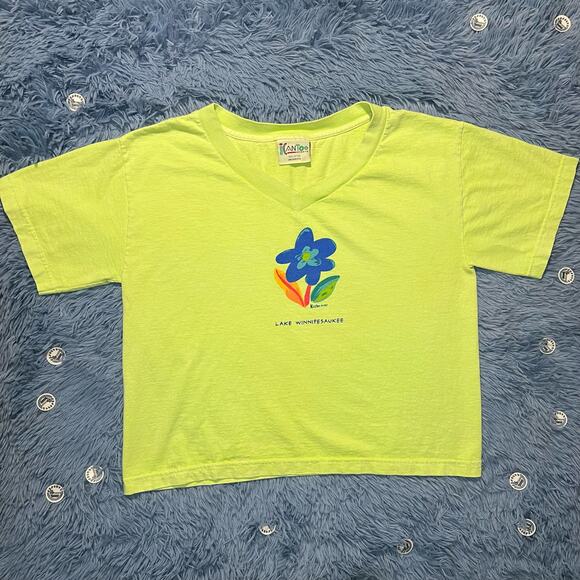 VINTAGE Lake Winnipesaukee Flower Green Blue T Shirt One Size Retro 90s - Picture 1 of 9
